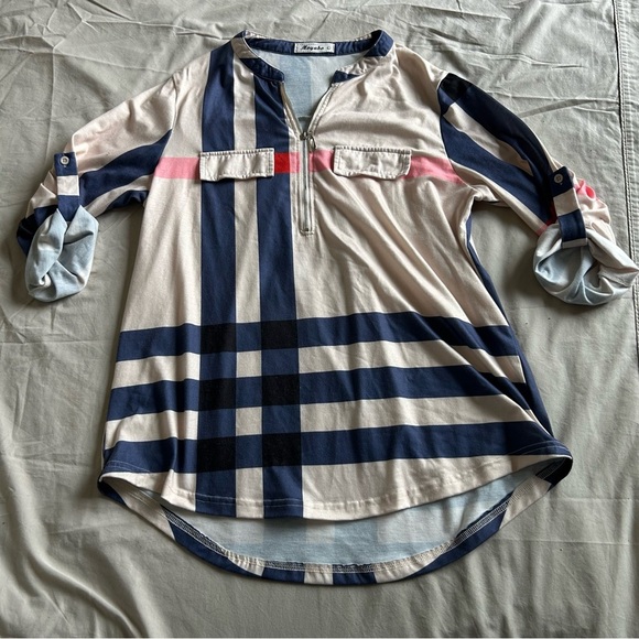moyabo Tops - Moyabo Everyday, Business Casual, Normcore Striped 3/4 Sleeve Top with Zipper